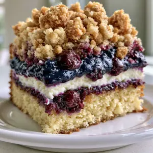 Smartphone photo of Blueberry Cheesecake Crumb Cake with a thick cream cheese ribbon and glossy blueberry jam.