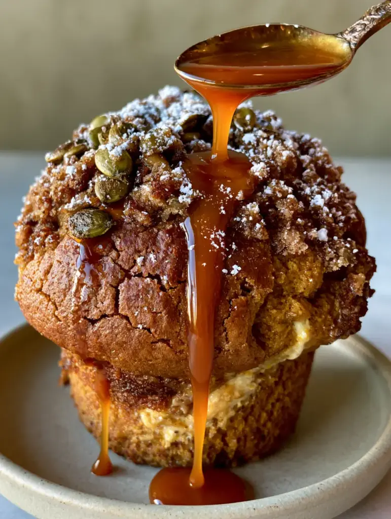 Pumpkin Streusel Muffins with Cream Cheese Swirl and Caramel Drizzle 1 A rich cream cheese swirl peeking through the deeply golden-brown dome of a pumpkin muffin.