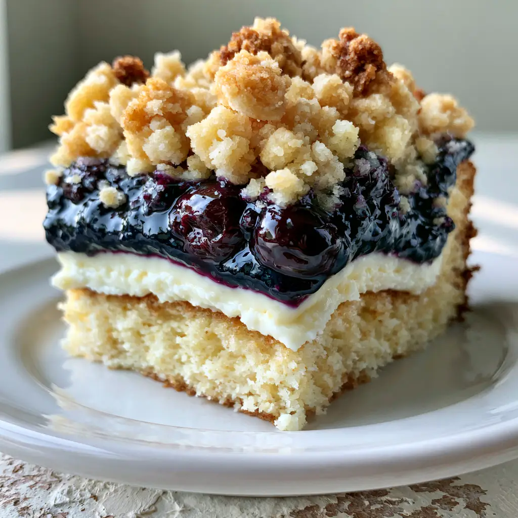 Blueberry Cheesecake Crumb Cake: The Ultimate Triple-Layer Bakery Style Slice 1 Close up view of the chunky golden streusel crumbs on top of a Blueberry Cheesecake Crumb Cake slice.