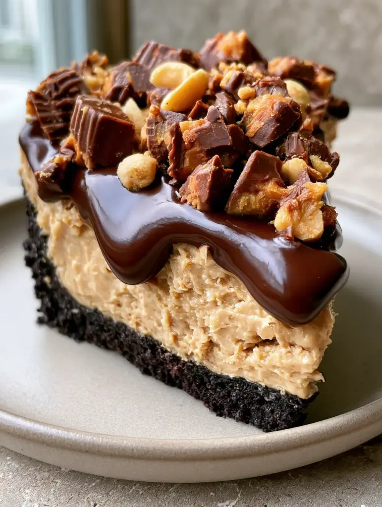 Close-up of reese's peanut butter cup pie toppings featuring chopped cups, roasted peanuts, and glossy ganache.