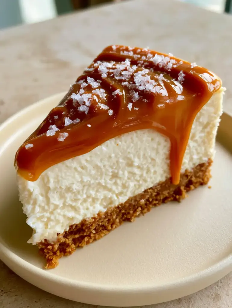 Caramel Swirl Cheesecake with a Toasted Graham Cracker Crust 1 Close-up of the toasted graham cracker crust and sparkling flaky sea salt crystals on a caramel swirl cheesecake.
