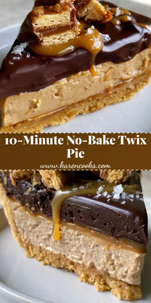 No Bake Twix Pie with Glossy Chocolate Ganache and Salted Caramel 4 A close-up vertical shot of a No Bake Twix Pie slice showing layers of graham cracker, caramel filling, and chocolate ganache.