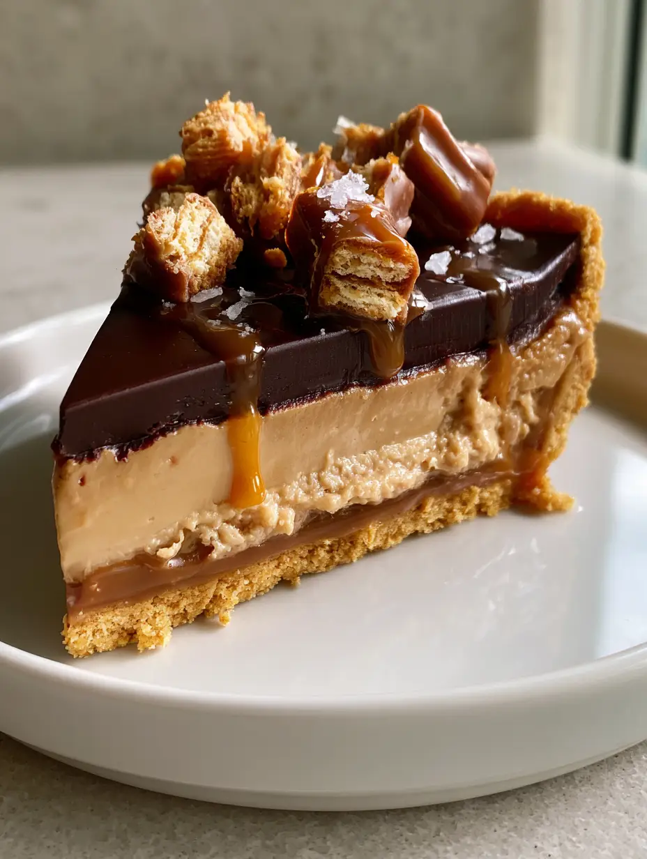 No Bake Twix Pie with Glossy Chocolate Ganache and Salted Caramel 3 A handheld smartphone photo of a No Bake Twix Pie slice on a white plate with visible caramel and biscuit layers.
