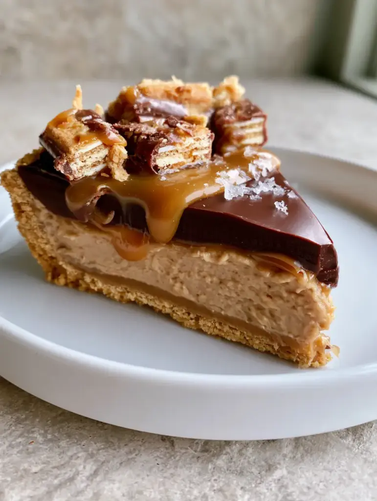 No Bake Twix Pie with Glossy Chocolate Ganache and Salted Caramel 1 Top-down view of a No Bake Twix Pie garnished with chopped candy bars, glossy ganache, and golden caramel drizzle.