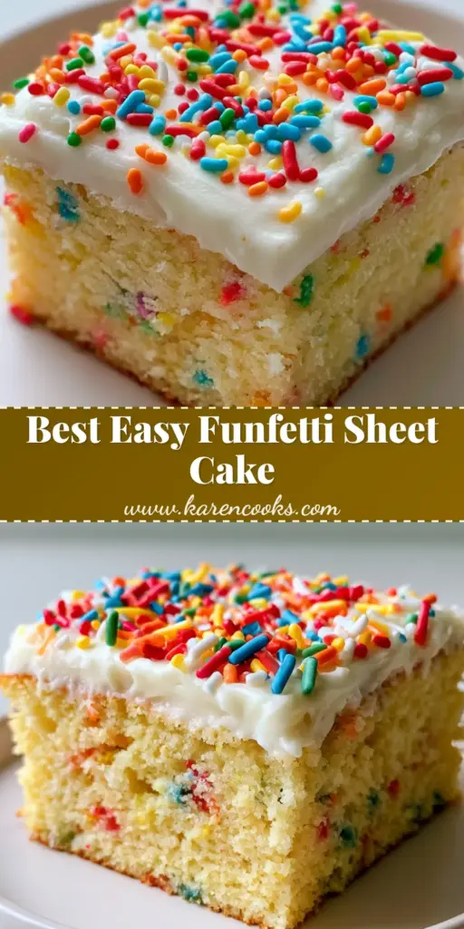 A top-down view of a colorful funfetti sheet cake with thick white cream cheese frosting and rainbow sprinkles.