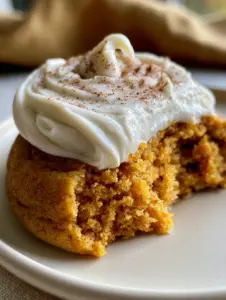 Extreme macro close-up of a soft pumpkin cookie bite showing a dense orange-gold interior and glossy frosting peaks.