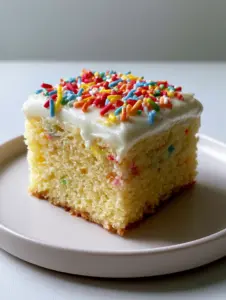 An angled close-up photo of a single square slice of fluffy, moist yellow vanilla funfetti sheet cake on a white plate.