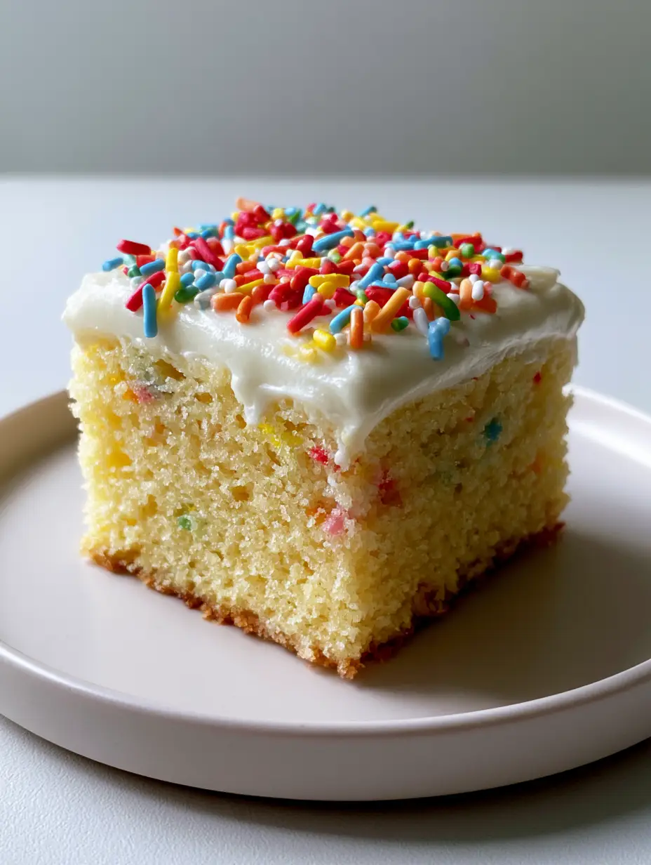 An angled close-up photo of a single square slice of fluffy, moist yellow vanilla funfetti sheet cake on a white plate.
