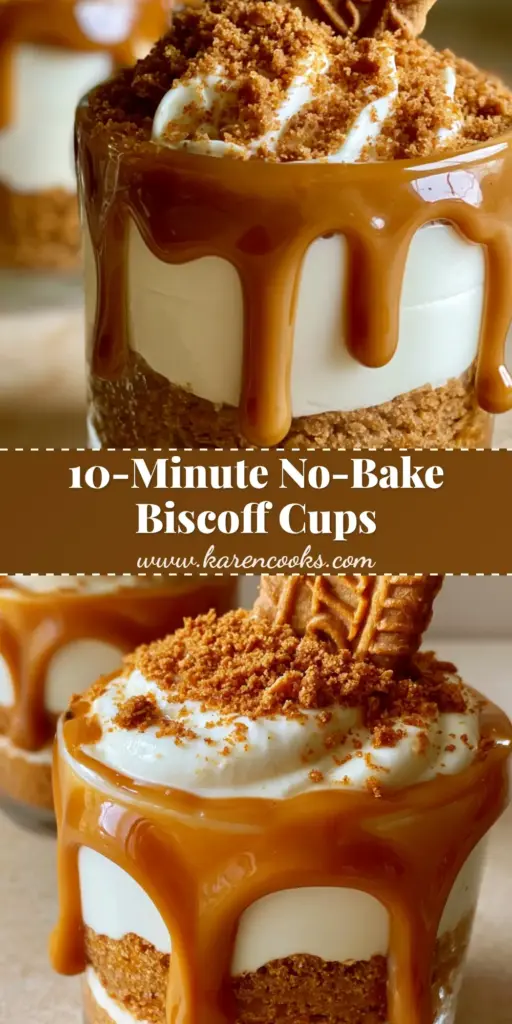 Two elegant glass cups filled with layered Biscoff Cheesecakes featuring a thick golden crust, whipped filling, and a glossy cookie butter drip topped with an upright biscuit.