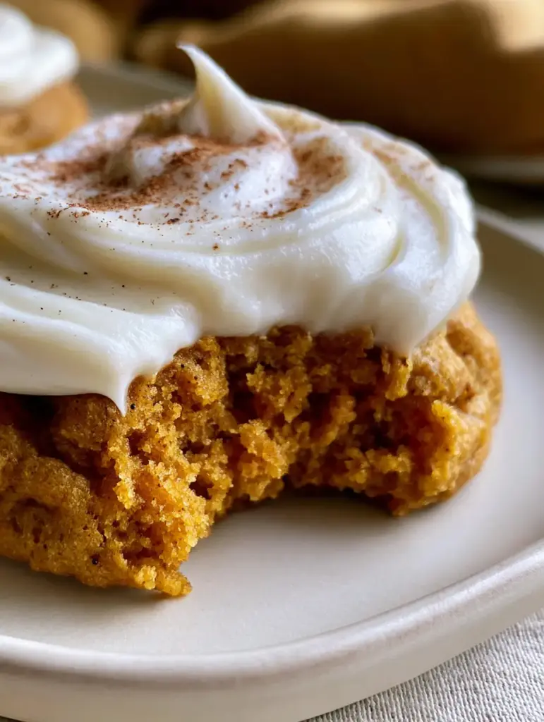 Soft Pumpkin Cookies with a Fudgy Center and Whipped Cream Cheese Frosting 1 Close-up of velvety white cream cheese frosting swirls with fine cinnamon specks on a pumpkin cookie.