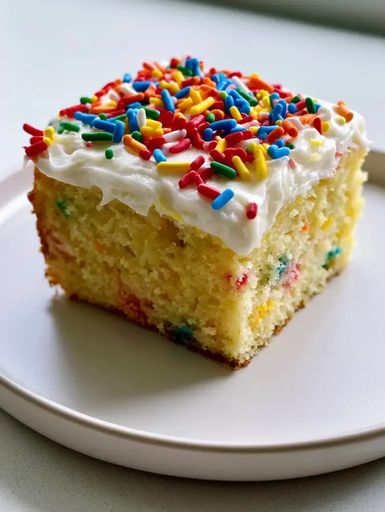 A close-up of a funfetti sheet cake being sliced, showing the embedded rainbow sprinkles.