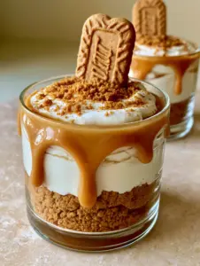 Close-up of Biscoff Cheesecakes in glass cups showing the velvety layers and glossy melted cookie butter cascade.