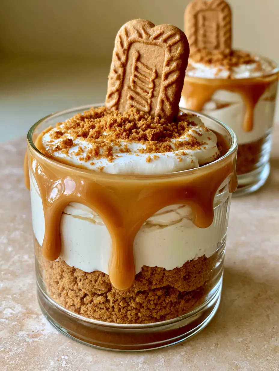 Close-up of Biscoff Cheesecakes in glass cups showing the velvety layers and glossy melted cookie butter cascade.