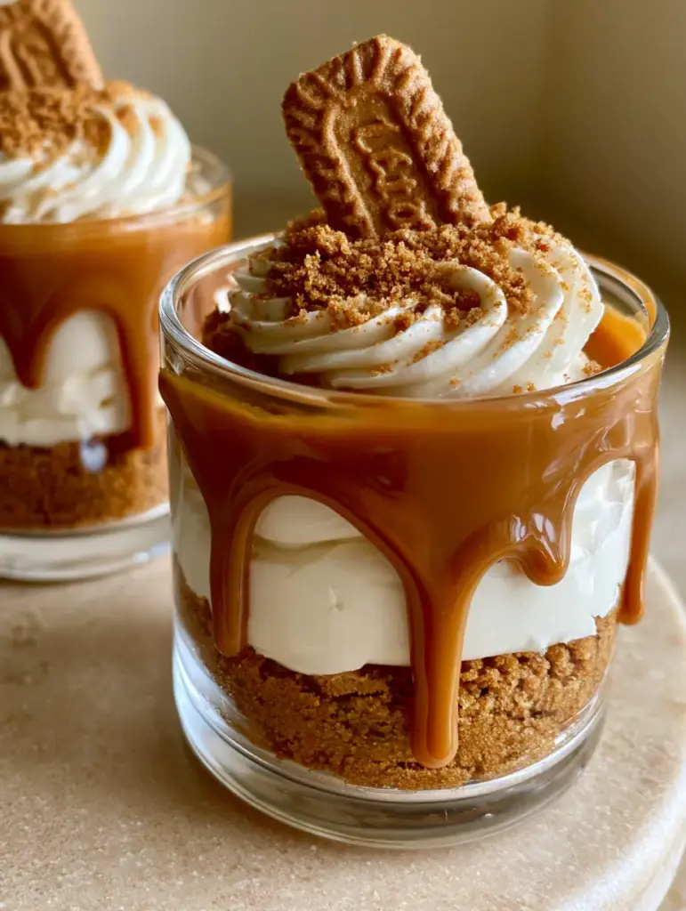 Real handheld smartphone photo style shot of two Biscoff Cheesecakes on a neutral stone surface with natural lighting.