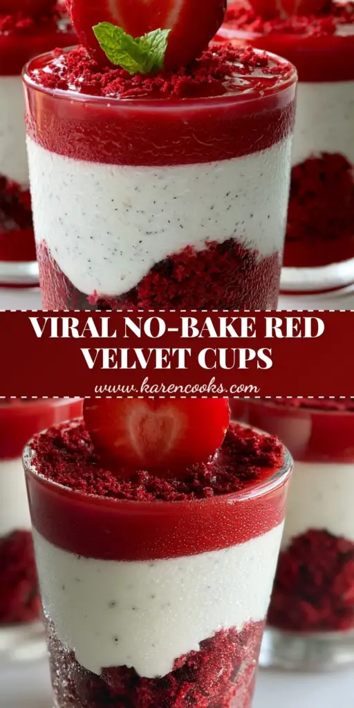 A vertical shot of three glass shooters filled with layers of crimson red velvet cake, white vanilla bean mousse, and glossy red strawberry glaze. (Red Velvet Strawberry Cheesecake Delight)