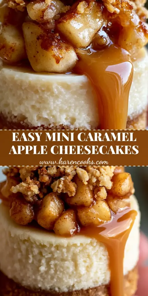 Caramel Apple Crisp Mini Cheesecakes: The Ultimate Autumn Dessert 4 A handheld Caramel Apple Crisp Mini Cheesecake showing layers of graham cracker crust, pale cheesecake, and cinnamon apples with a caramel cascade.