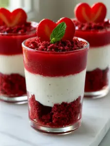 Close-up of the distinct layers in a Red Velvet Strawberry Cheesecake Delight, showing visible vanilla bean specks in the mousse.