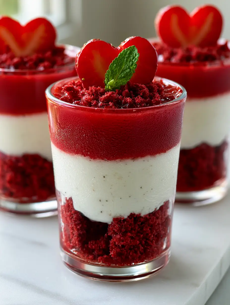 Close-up of the distinct layers in a Red Velvet Strawberry Cheesecake Delight, showing visible vanilla bean specks in the mousse.