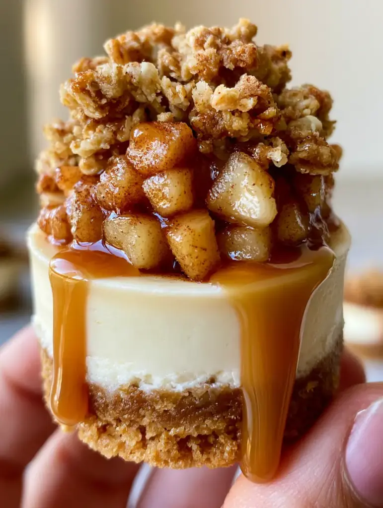 Close-up of a mini caramel apple cheesecake held in hand, highlighting the golden oat crumble and amber caramel drizzle.
