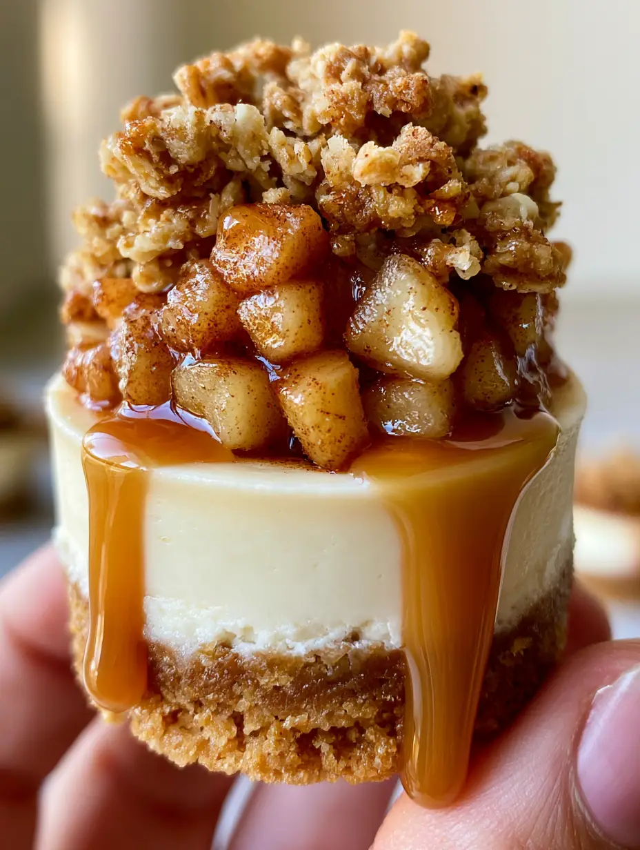 Caramel Apple Crisp Mini Cheesecakes: The Ultimate Autumn Dessert 3 Close-up of a mini caramel apple cheesecake held in hand, highlighting the golden oat crumble and amber caramel drizzle.