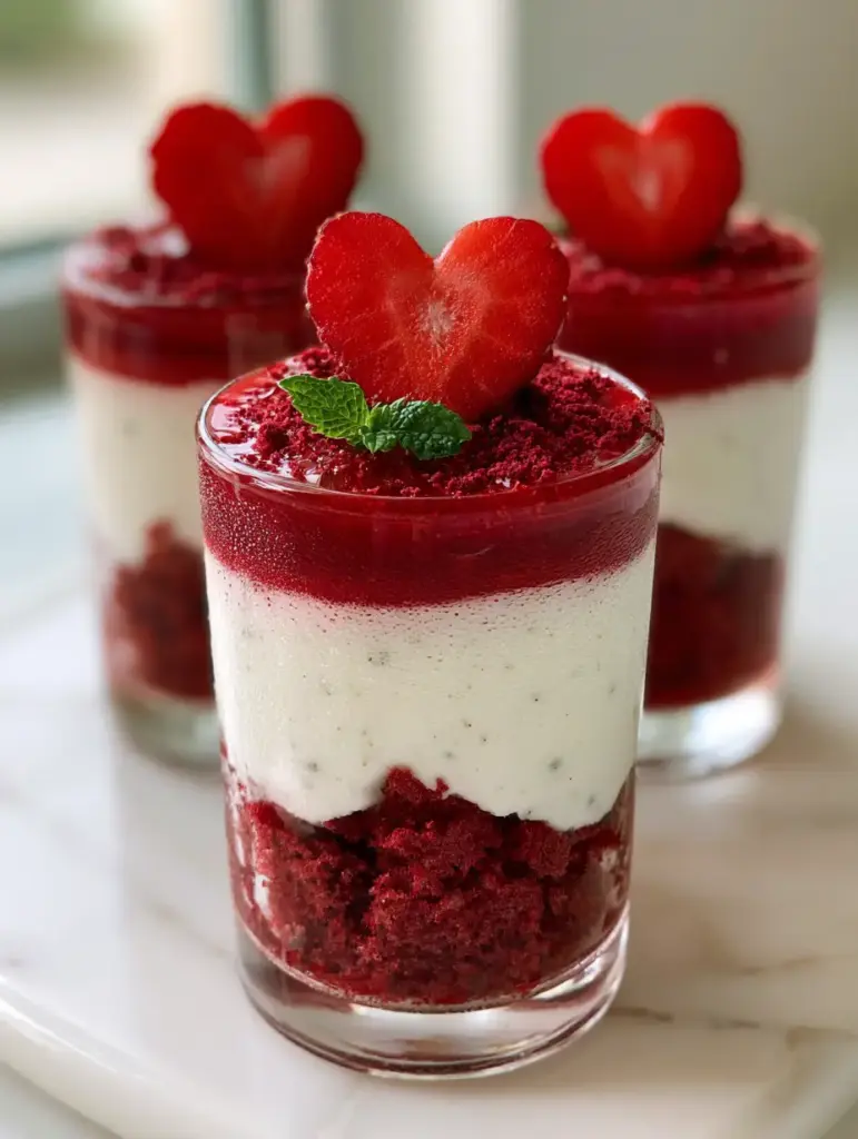 Top view of dessert shooters garnished with heart-shaped strawberries and a tiny mint leaf. (Red Velvet Strawberry Cheesecake Delight)