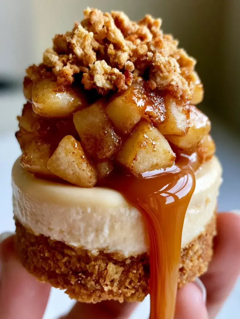 Caramel Apple Crisp Mini Cheesecakes: The Ultimate Autumn Dessert 1 Individual mini cheesecake with a thick amber caramel sauce cascading down the side onto a rustic oat crumble.