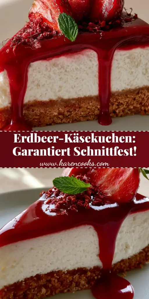 A professional flat lay of a whole Erdbeer-Käsekuchen with a glossy ruby-red glaze and fresh strawberry garnishes on a white ceramic plate.
