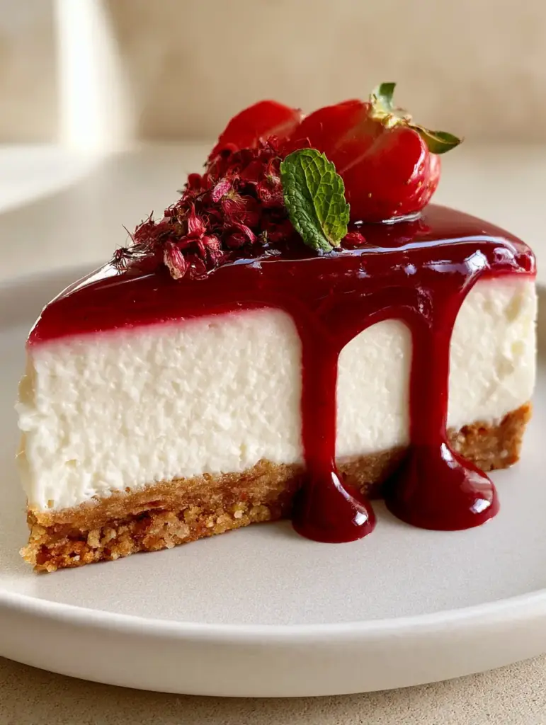 A close-up shot of a perfect slice of no-bake Erdbeer-Käsekuchen with a thick biscuit crust and ruby-red glaze dripping down the side.