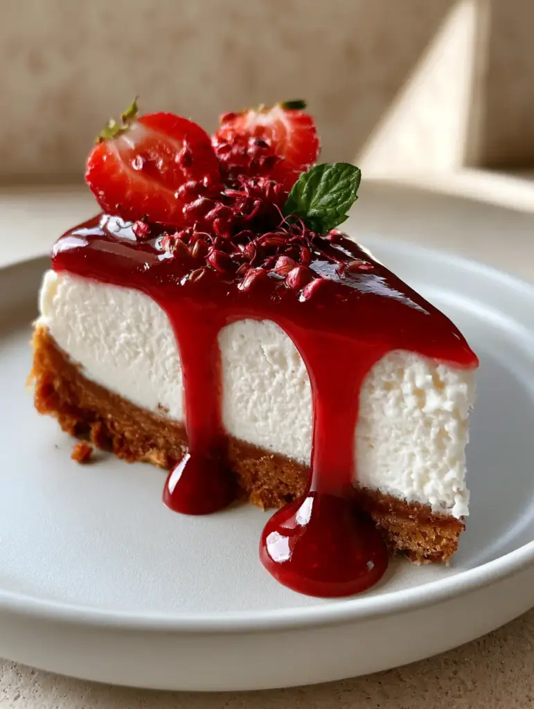 Side view of Erdbeer-Käsekuchen showing the distinct layers of golden crust, white cream cheese, and red glaze.