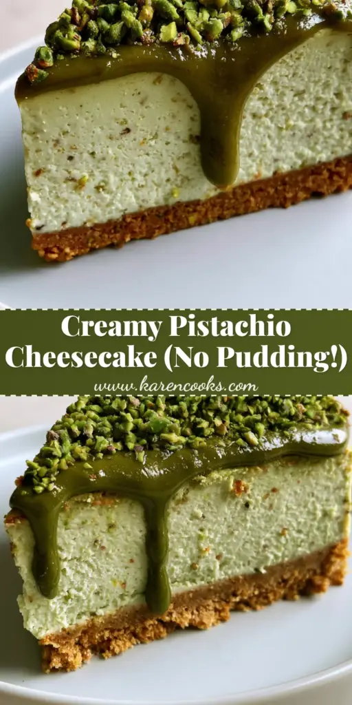 A close-up slice of Pistachio Cheesecake with a glossy dark-green drizzle and emerald-green chopped nuts on a minimalist plate.