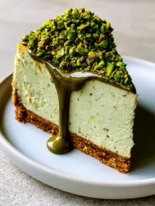 Side view of a premium Pistachio Cheesecake slice showing the toasted graham cracker crust and velvety filling flecked with nuts.