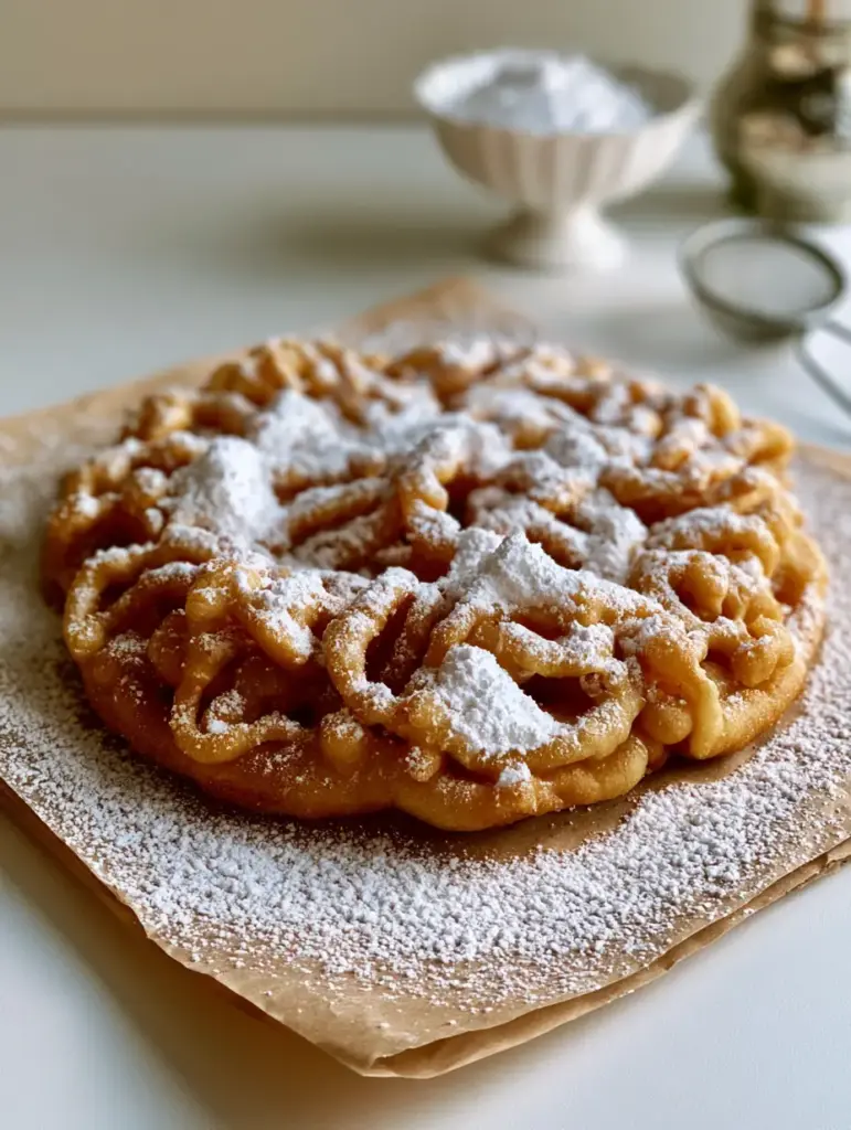 A professional food photography shot of a funnel cake with a silver sifter and bowl of sugar in the background. (funnel cakes)