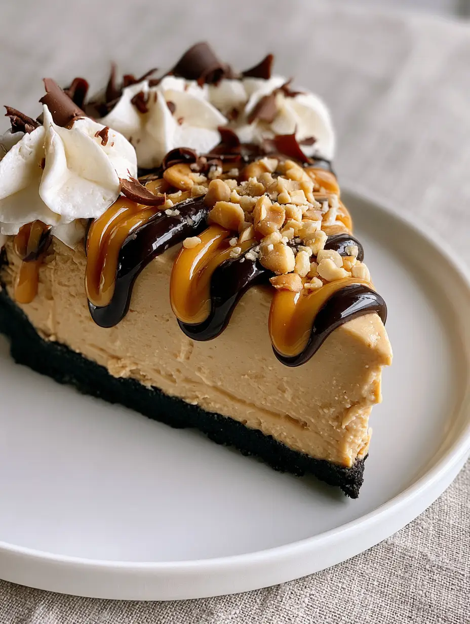 High-angle shot of a peanut butter pie slice on a minimalist white ceramic plate. (No-Bake Peanut Butter Pie)