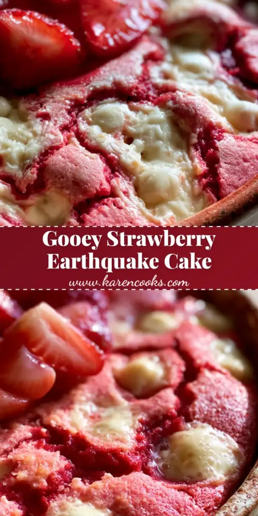 A warm Strawberry Earthquake Cake in a rustic ceramic dish featuring deep cracks of melted cream cheese and glistening sliced strawberries.