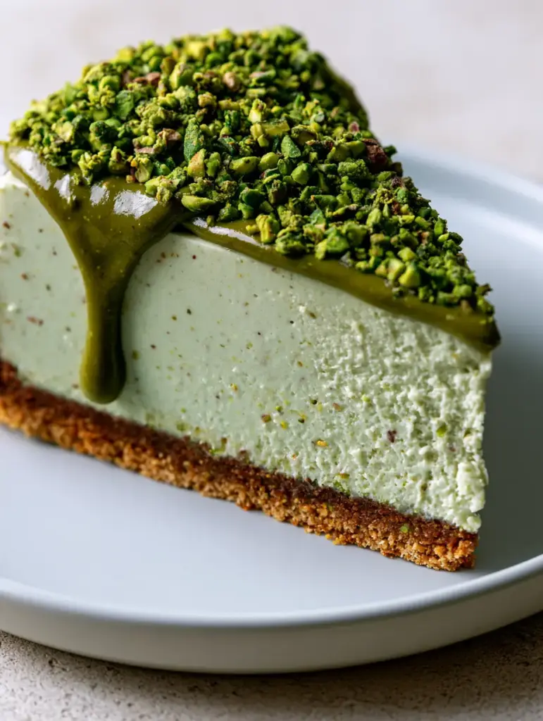 Overhead view of a Pistachio Cheesecake slice featuring a slow-dripping dark-green pistachio paste drizzle.