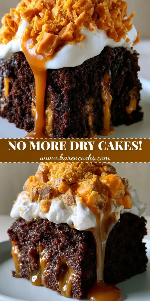 Butterfinger Cake: The Ultimate Moist Chocolate Caramel Poke Cake Recipe 4 A close-up vertical shot of a Butterfinger cake slice showing the caramel-filled holes and candy topping.