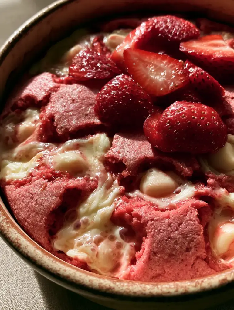 Close-up high-angle shot of a pink Strawberry Earthquake Cake showing organic cracks and bubbling white chocolate chips.