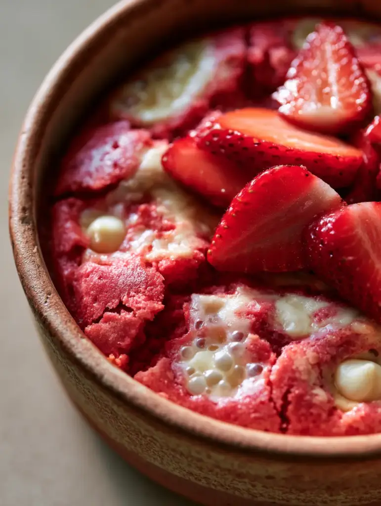 Overhead view of Strawberry Earthquake Cake in a rustic ceramic dish with fresh strawberry slices.