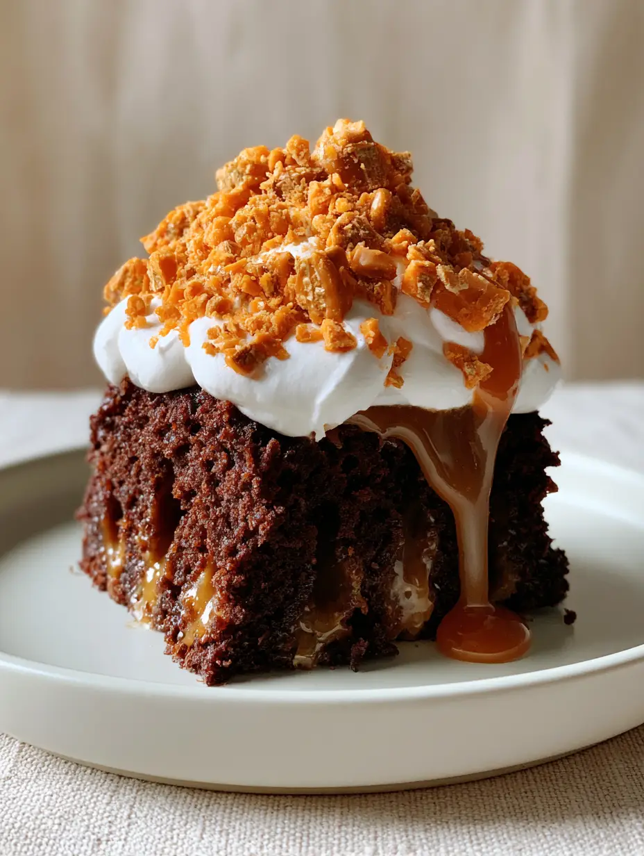 A perfect slice of Butterfinger cake on a white plate with visible vertical caramel pockets. (Butterfinger cake)