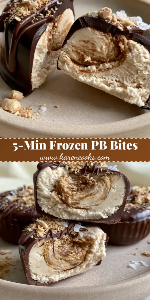 Peanut Butter Greek Yogurt Bites: The Ultimate Frozen High-Protein Snack 4 A handheld smartphone photo of frozen peanut butter greek yogurt bites with a glossy dark chocolate shell and peanut dust garnish.