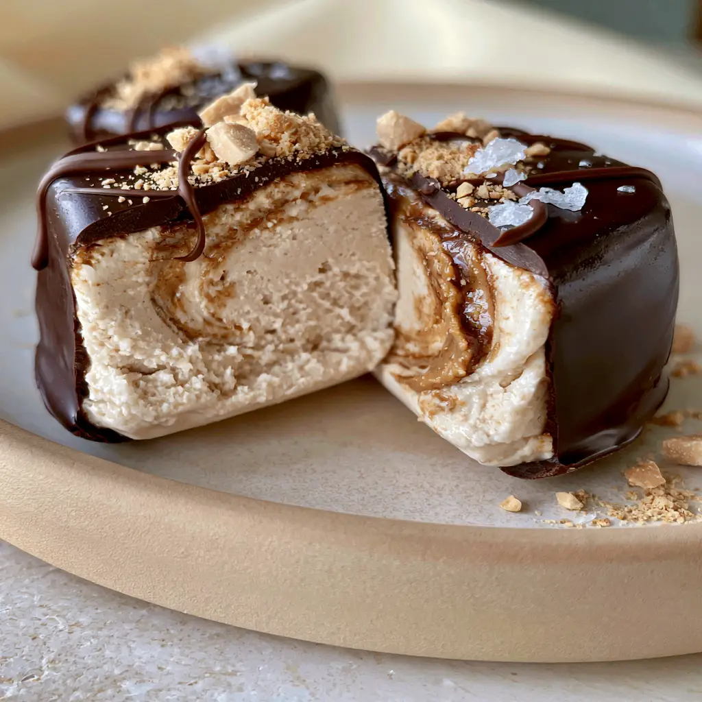 Peanut Butter Greek Yogurt Bites: The Ultimate Frozen High-Protein Snack 2 Close up of a peanut butter greek yogurt bite sliced in half showing the creamy swirl interior.
