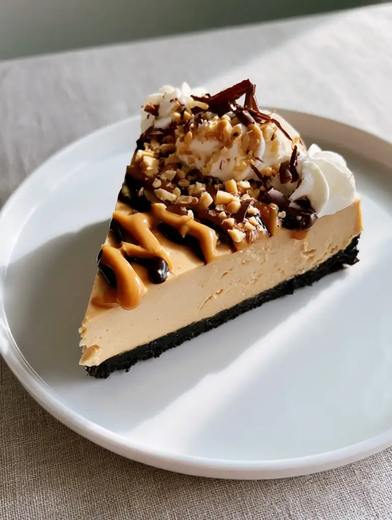 Close up of chocolate curls and whipped cream dollops on top of a peanut butter pie slice.