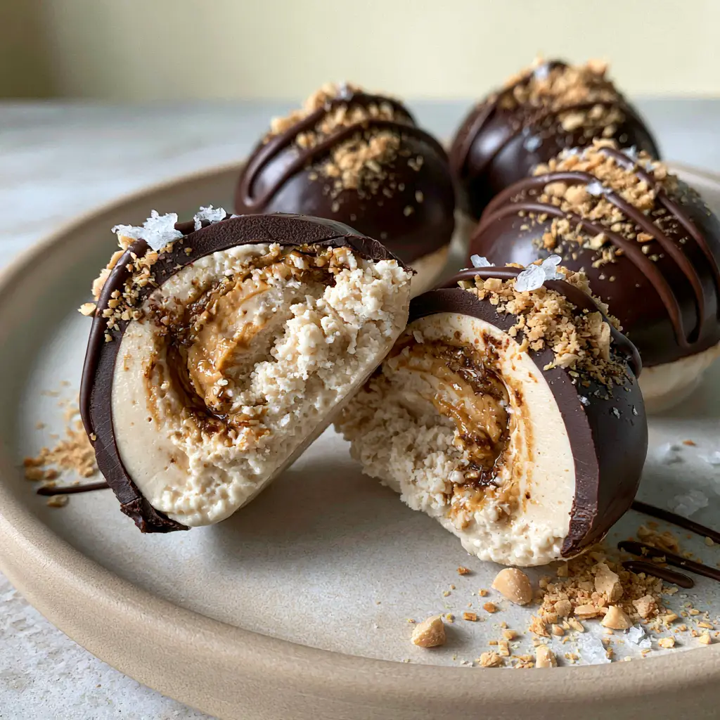 Peanut Butter Greek Yogurt Bites: The Ultimate Frozen High-Protein Snack 1 A pile of peanut butter greek yogurt bites on a modern beige plate with chocolate drizzle and salt flakes.