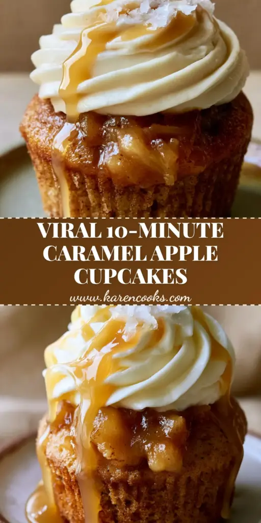Caramel Apple Cupcakes with Spiced Filling and Salted Caramel Drizzle 4 A close up shot of Caramel Apple Cupcakes featuring a tall cream cheese frosting swirl and dripping salted caramel.
