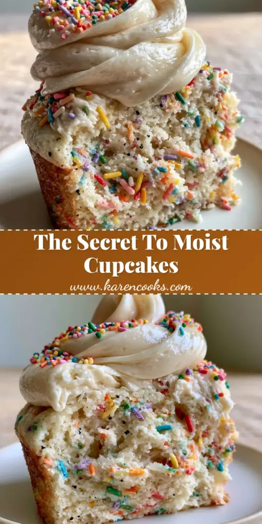 Sour Cream Funfetti Cupcakes: The Ultimate Bakery-Style Recipe 4 A stack of three sour cream funfetti cupcakes with high swirls of ivory frosting and rainbow sprinkles on a neutral background.