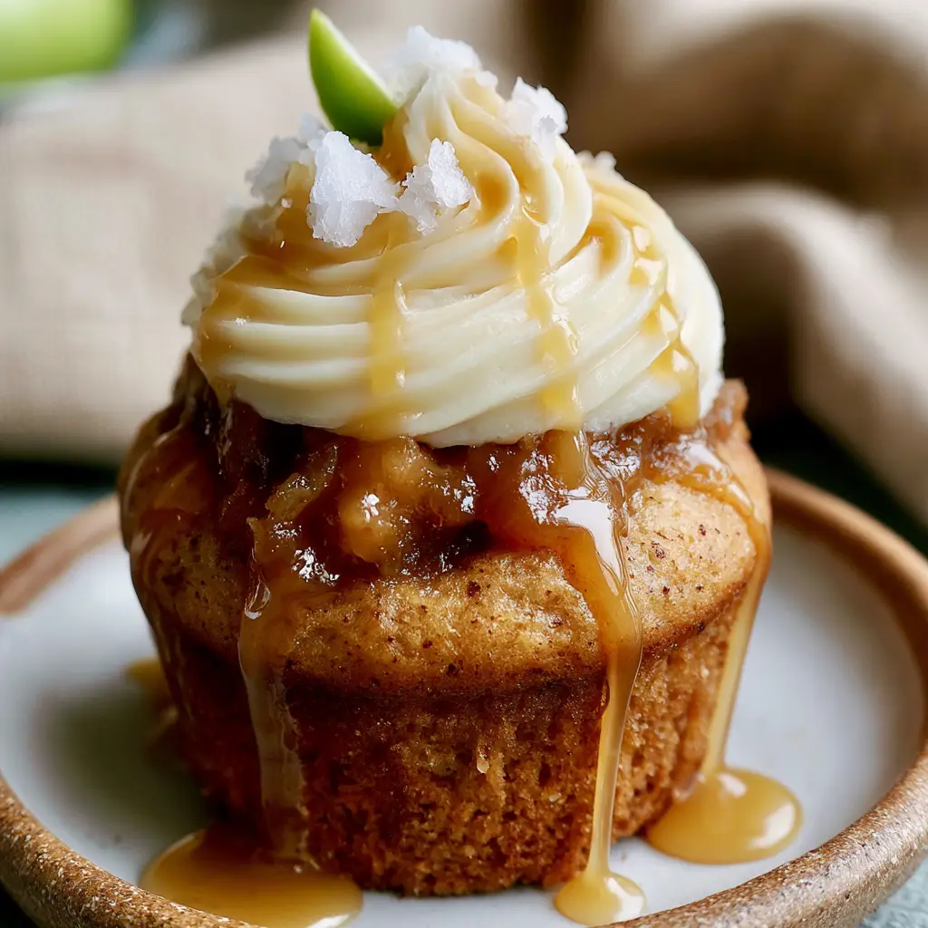 Caramel Apple Cupcakes with Spiced Filling and Salted Caramel Drizzle 2 Eye level shot of a single Caramel Apple Cupcake with visible cinnamon flecks and golden caramel drizzle.