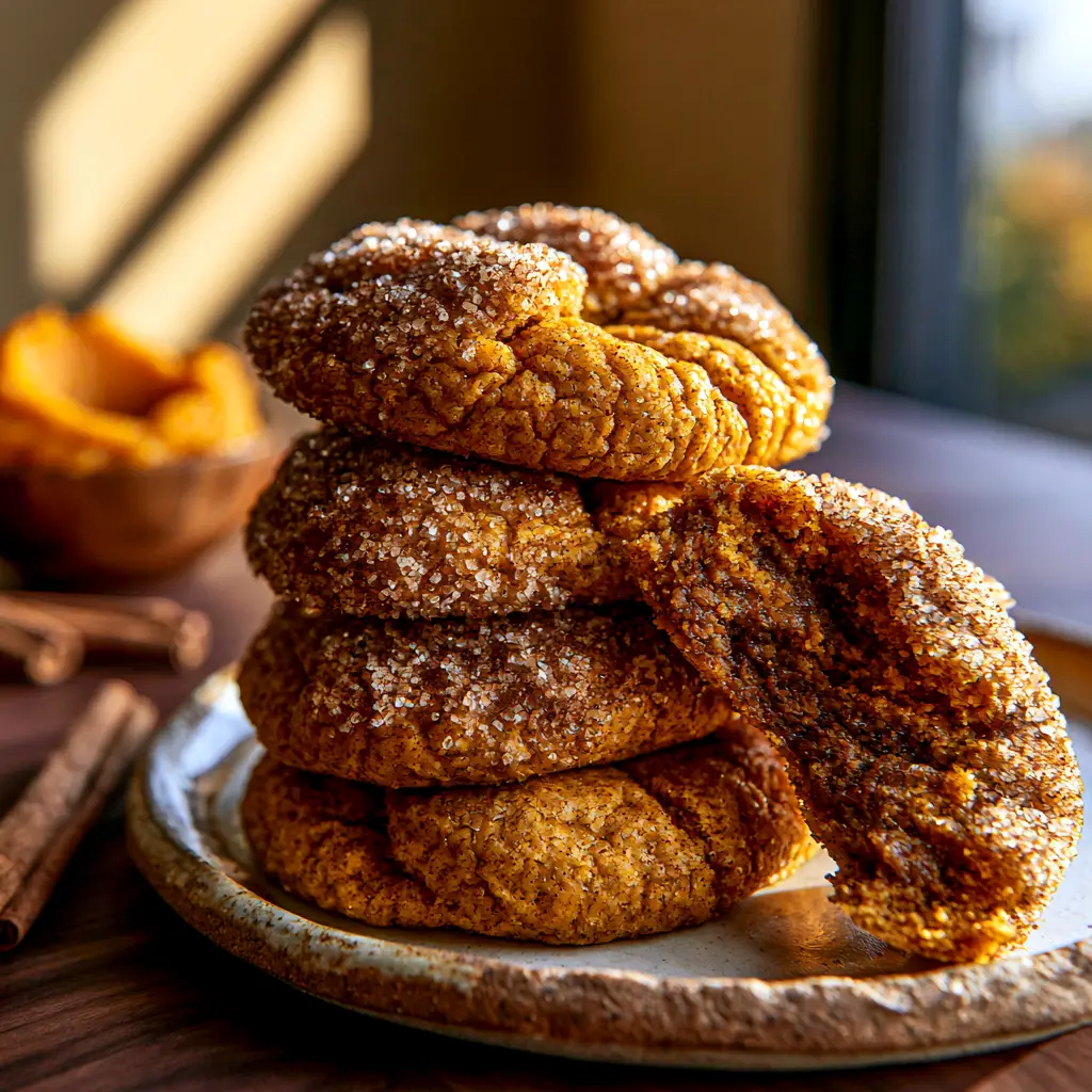A Pumpkin Snickerdoodle Cookie broken in half to reveal a dense, fudgy, moist interior with zero air pockets.