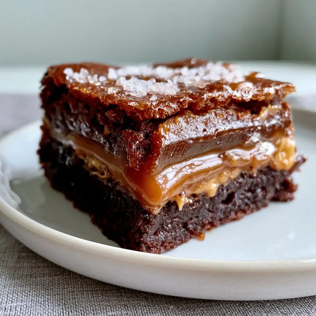 Milky Way Brownies with Oozing Caramel and Crackly Tops 2 Extreme macro of a sliced Milky Way Brownie showing a dense dark chocolate fudge base and oozing caramel layers. (Milky Way Brownies)