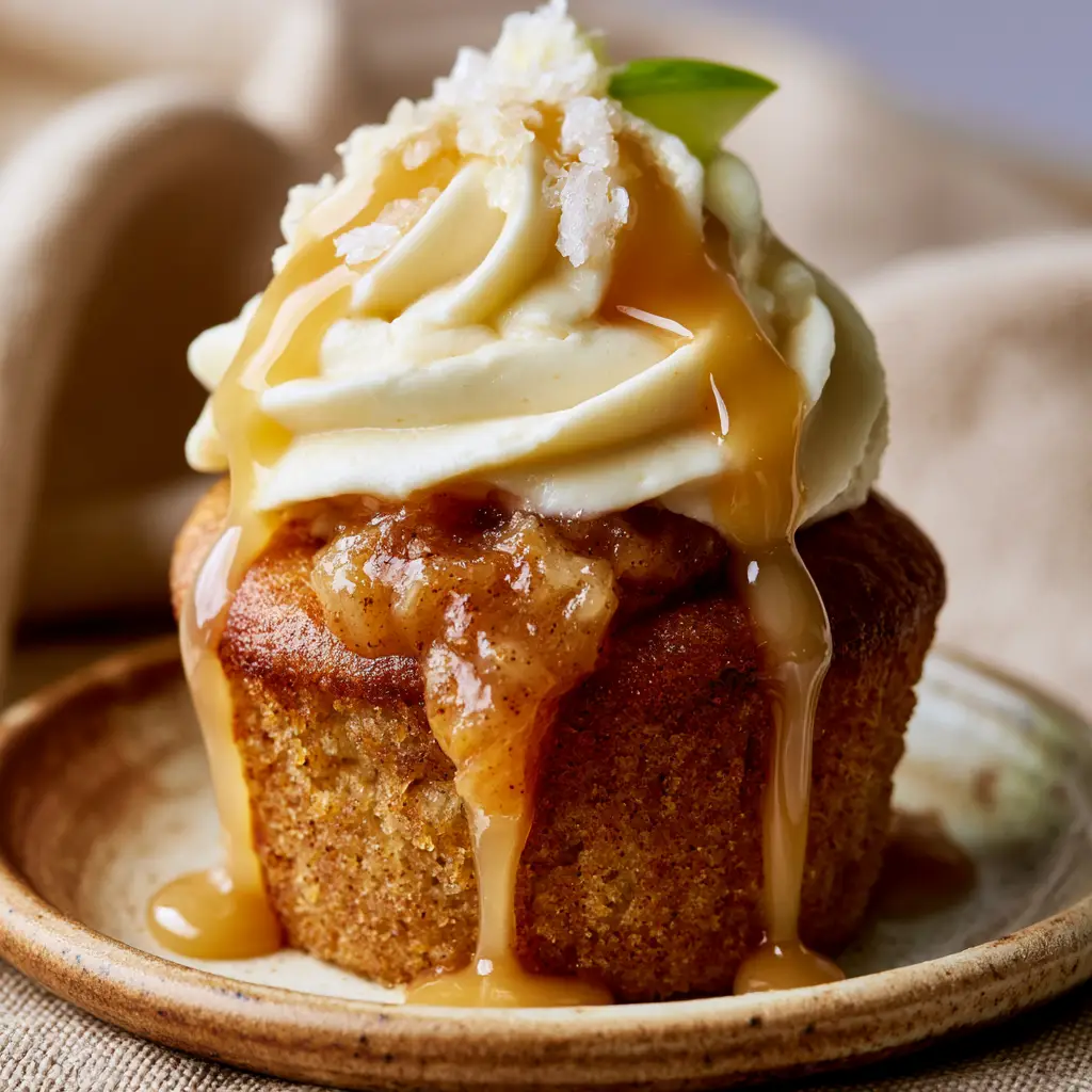 Caramel Apple Cupcakes with Spiced Filling and Salted Caramel Drizzle 1 Close up of the apple compote filling overflowing from the center of Caramel Apple Cupcakes.