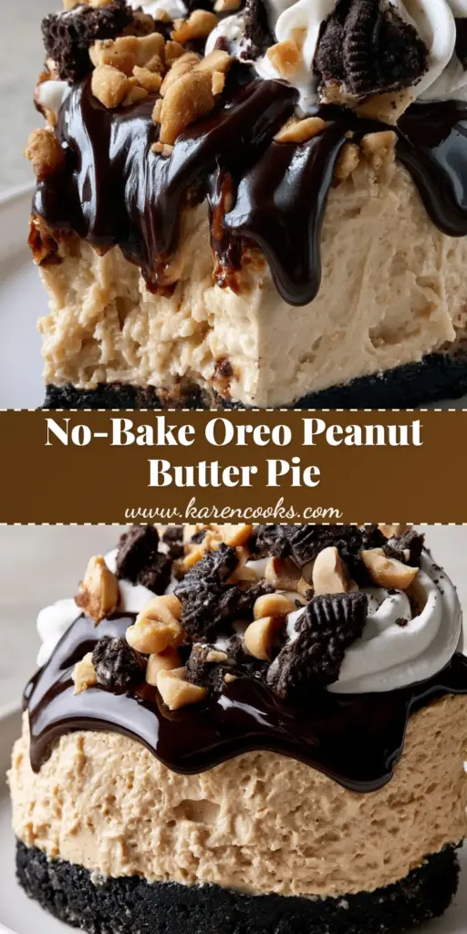 A professional Pinterest pin for Oreo Peanut Butter Pie showing a thick slice with chocolate drizzle and whipped cream swirls.